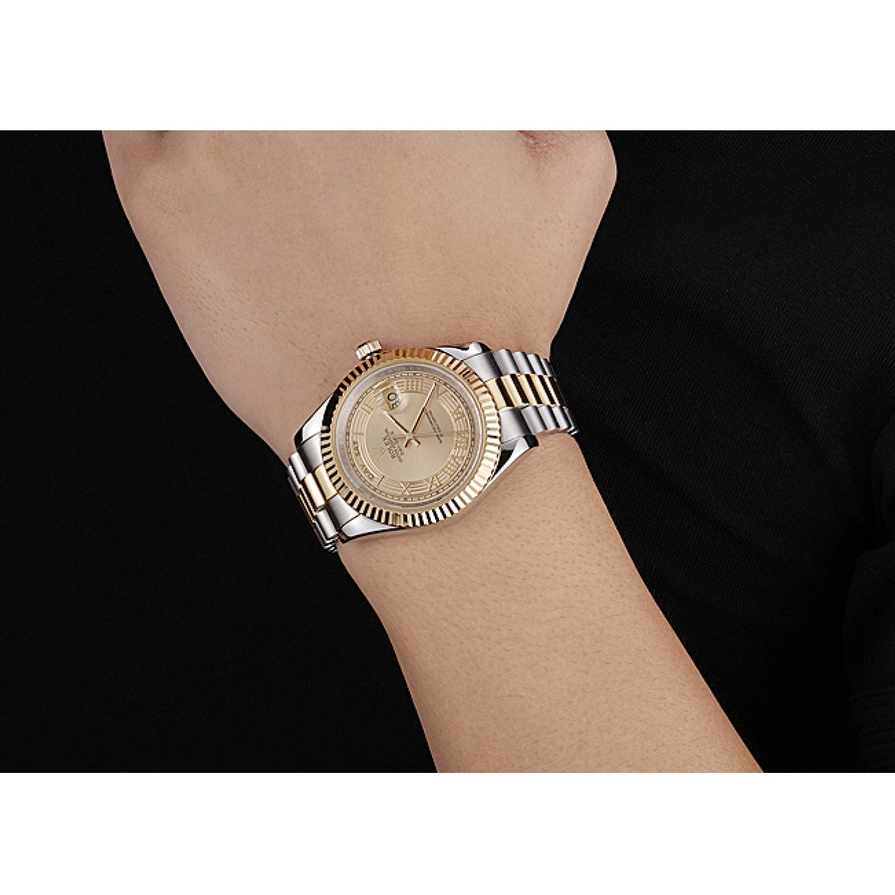 Aaa replica watch 18k Gold Steel Dial Day-Date Stainless Plated Gold Two Rolex Tone 0604